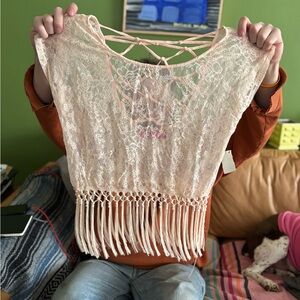 AKIRA Red Label lace fringe top in light pink